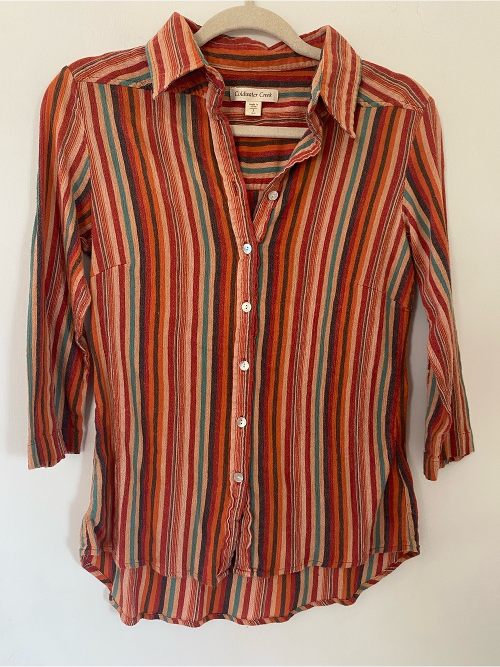 Coldwater Creek Striped Button-Down Shirt in Fall Colors Autumn Size Small